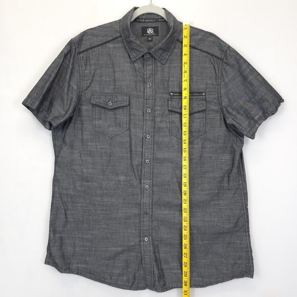 Rock & Republic Camp Button Down Shirt Flap Zip Pockets Short Sleeve Men XL Gray - Picture 3 of 9